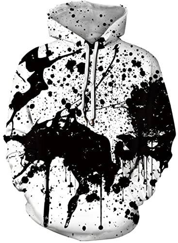 Ocean Plus Herren Digitaldruck Kapuzenpullover mit Langen Ärmeln Halloween Schädel Kapuzenpulli Lockere Unisex Hoodies Sweatshirts (XL (Brust: 122-142CM), Schwarze Spritztinte) von Ocean Plus