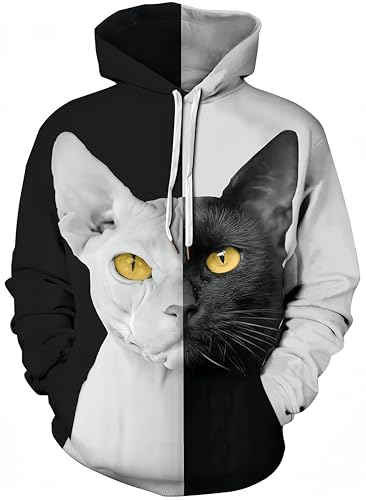 Ocean Plus Herren Digitaldruck Kapuzenpullover mit Langen Ärmeln Herbst Halloween Schädel Kapuzenpulli Lockere Sport Hoodies (L (Brust: 117-137CM), Schwarz-weiße Katze mit gelben Augen) von Ocean Plus