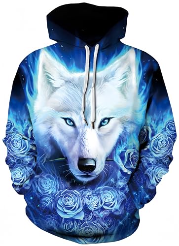 Ocean Plus Herren Digitaldruck Kapuzenpullover mit Langen Ärmeln Herbst Halloween Schädel Kapuzenpulli Lockere Sport Hoodies (XL (Brust: 122-142CM), Blaue Rosen und weißer Wolf) von Ocean Plus