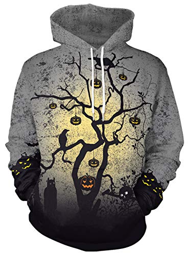 Ocean Plus Herren Fun Hoodie Halloween Kapuzenpullover mit Kängurutasche Weihnachten Langarm Sweatshirt Mehrfarbig Aufdruck Pulli Pullover (L (Brustumfang: 112CM), Halloween schwarzer Baum) von Ocean Plus