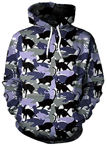 Ocean Plus Herren Halloween Hoodie Langarm Kapuzenpullover mit Kängurutasche Weihnachten Mehrfarbig Sweatshirt Aufdruck Pullover (L (Brustumfang: 112CM), Lila Camouflage Katze) von Ocean Plus