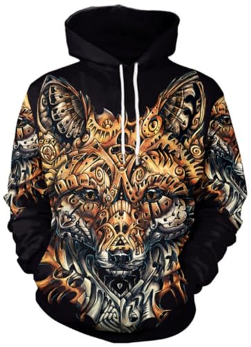 Ocean Plus Herren Halloween Hoodie Langarm Kapuzenpullover mit Kängurutasche Weihnachten Mehrfarbig Sweatshirt Aufdruck Pullover (L (Brustumfang: 112CM), Mechanischer Fuchs) von Ocean Plus