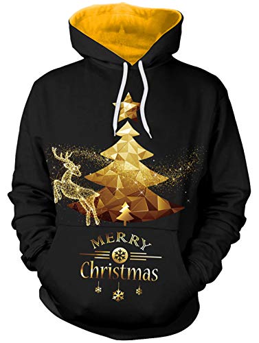 Ocean Plus Herren Fun Hoodie Halloween Kapuzenpullover mit Kängurutasche Weihnachten Langarm Sweatshirt Mehrfarbig Aufdruck Pulli Pullover (M (Brustumfang: 108CM), Goldener Weihnachtsbaum) von Ocean Plus