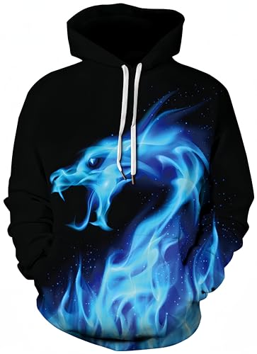 Ocean Plus Herren Halloween Hoodie Langarm Kapuzenpullover mit Kängurutasche Weihnachten Mehrfarbig Sweatshirt Aufdruck Pullover (XL (Brustumfang: 116CM), Blaues Feuerdrache) von Ocean Plus