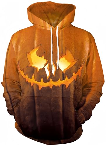 Ocean Plus Herren Halloween Hoodie Langarm Kapuzenpullover mit Kängurutasche Weihnachten Mehrfarbig Sweatshirt Aufdruck Pullover (XL (Brustumfang: 116CM), Halloween Kürbis) von Ocean Plus
