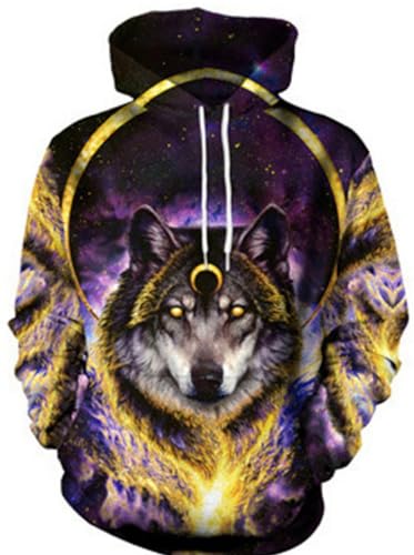 Ocean Plus Herren Halloween Hoodie Langarm Kapuzenpullover mit Kängurutasche Weihnachten Mehrfarbig Sweatshirt Aufdruck Pullover (XXL (Brustumfang: 120CM), Halbmond purpurfarbener Wolf) von Ocean Plus