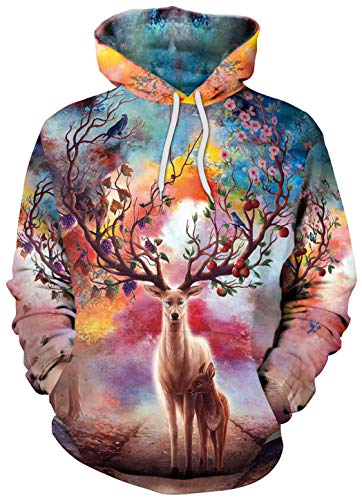 Ocean Plus Herren Fun Hoodie Halloween Kapuzenpullover mit Kängurutasche Weihnachten Langarm Sweatshirt Mehrfarbig Aufdruck Pulli Pullover (XXL (Brustumfang: 120CM), Hirsch Bloom und Früchte) von Ocean Plus