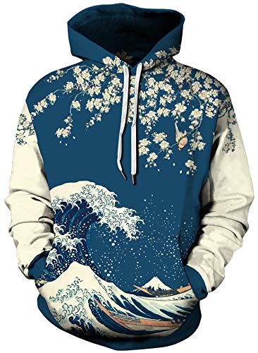 Ocean Plus Herren Galaxis Digitaldruck Kapuzenpullover Langärmelig Hoodies Sport Strickjacke mit Kapuze Große Größe (L (Brust: 117-137CM), Kirschblüte Welle) von Ocean Plus