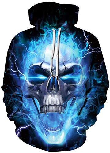 Ocean Plus Herren Galaxis Digitaldruck Kapuzenpullover Langärmelig Hoodies Sport Strickjacke mit Kapuze Große Größe (S (Brust: 108-128CM), Blauer Feuerschädel) von Ocean Plus