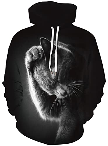 Ocean Plus Herren Galaxis Digitaldruck Kapuzenpullover Langärmelig Hoodies Sport Strickjacke mit Kapuze Große Größe (S (Brust: 108-128CM), Schwarze Katze) von Ocean Plus