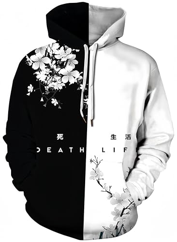 Ocean Plus Herren Galaxis Digitaldruck Kapuzenpullover Langärmelig Hoodies Sport Strickjacke mit Kapuze Große Größe (XL (Brust: 122-142CM), Schwarze und weiße Kirschblüten) von Ocean Plus