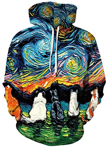 Ocean Plus Herren Galaxis Digitaldruck Kapuzenpullover Langärmelig Hoodies Sport Strickjacke mit Kapuze Große Größe (XXL (Brust: 127-147CM), Hunde Sternennacht) von Ocean Plus