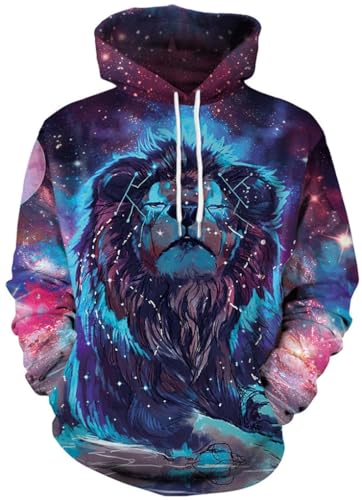 Ocean Plus Herren Halloween Hoodie Langarm Kapuzenpullover mit Kängurutasche Weihnachten Mehrfarbig Sweatshirt Aufdruck Pullover (XXL (Brustumfang: 120CM), Sternenhimmel geometrischer Löwe) von Ocean Plus