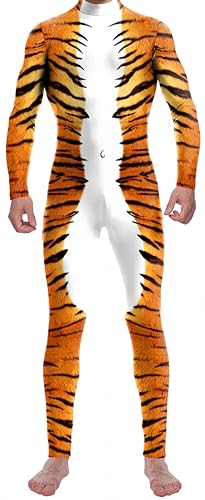 Ocean Plus Herren Halloween Skelett Anzug Jumpsuit Skinny Tier Serie Digitaldruck Overall (XL, Gelber Tiger) von Ocean Plus