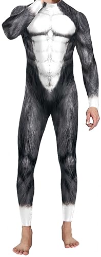 Ocean Plus Herren Halloween Skelett Anzug Jumpsuit Skinny Tier Serie Digitaldruck Overall (XL, Schwarzer Wolf) von Ocean Plus