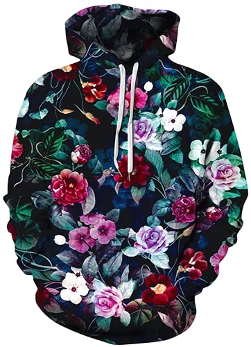 Ocean Plus Herren Kapuzenpullover Langarm Pullover Wolf Tiger Hoodie mit Kapuze (L/XL (Brustumfang: 114-134CM), Blumen) von Ocean Plus