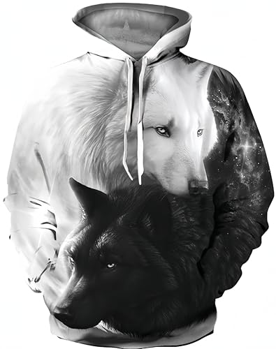 Ocean Plus Herren Kapuzenpullover Langarm Pullover Wolf Tiger Hoodie mit Kapuze (L/XL (Brustumfang: 114-134CM), Doppelte schwarz weiß Wölfe) von Ocean Plus