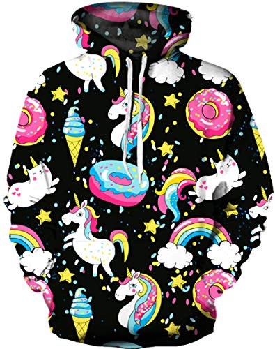 Ocean Plus Herren Kapuzenpullover Langarm Pullover Wolf Tiger Hoodie mit Kapuze (L/XL (Brustumfang: 114-134CM), Eiscreme Einhorn) von Ocean Plus