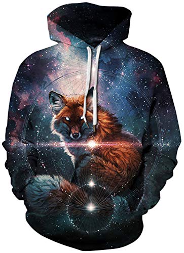 Ocean Plus Herren Kapuzenpullover Langarm Pullover Wolf Tiger Hoodie mit Kapuze (S/M (Brustumfang: 112-132CM), Fuchs unter den Sternen) von Ocean Plus