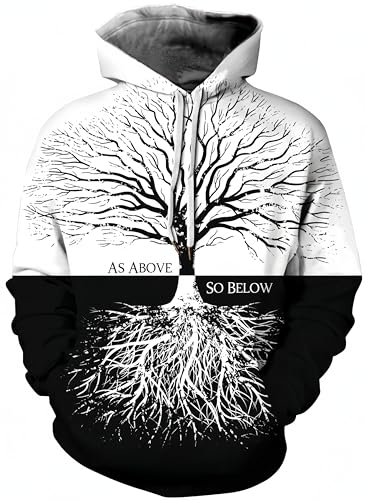 Ocean Plus Herren Kapuzenpullover Langarm Pullover Wolf Tiger Hoodie mit Kapuze (S/M (Brustumfang: 112-132CM), Schwarz-Weiß-Baum) von Ocean Plus