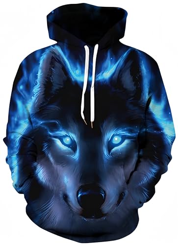 Ocean Plus Herren Kapuzenpullover Langarm Pullover Wolf Tiger Hoodie mit Kapuze (S/M (Brustumfang: 112-132CM), Schwarzer Wolf mit blauen Augen) von Ocean Plus