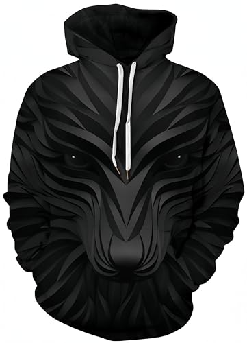 Ocean Plus Herren Kapuzenpullover Langarm Pullover Wolf Tiger Hoodie mit Kapuze (XXL/3XL (Brustumfang: 126-146CM), Geschnitzter schwarzer Fuchs) von Ocean Plus