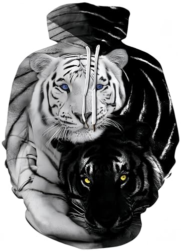 Ocean Plus Herren Kapuzenpullover Langarm Pullover Wolf Tiger Hoodie mit Kapuze (XXL/3XL (Brustumfang: 126-146CM), Schwarzweiß Doppelter Tiger) von Ocean Plus