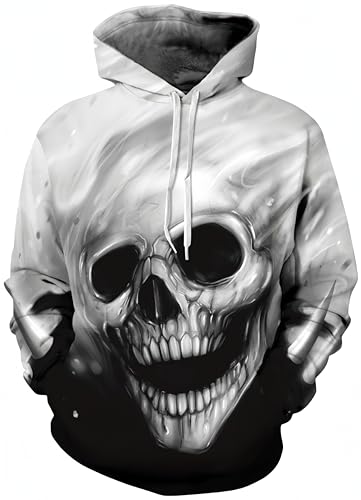 Ocean Plus Herren Kapuzenpullover Lebensecht 3D Grafik Hoodie mit Kängurutasche Pullover mit Kapuze Sweat Hood (L/XL (Brustumfang: 114-134CM), Schwarzweiß Schädel) von Ocean Plus