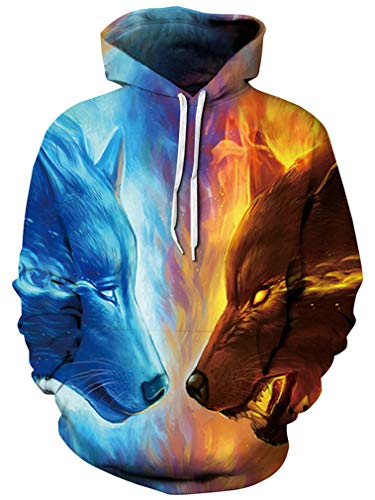 Ocean Plus Herren Kapuzenpullover Lebensecht 3D Grafik Hoodie mit Kängurutasche Pullover mit Kapuze Sweat Hood (XXL/3XL (Brustumfang: 126-146CM), Eisfeuer Wolf) von Ocean Plus