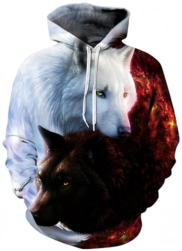 Ocean Plus Herren Kapuzenpullover Lebensecht 3D Grafik Hoodie mit Kängurutasche Pullover mit Kapuze Sweat Hood (L/XL (Brustumfang: 114-134CM), Doppelwolf) von Ocean Plus