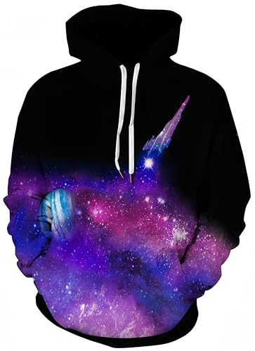 Ocean Plus Herren Kapuzenpullover Lebensecht 3D Grafik Hoodie mit Kängurutasche Pullover mit Kapuze Sweat Hood (L/XL (Brustumfang: 114-134CM), Lila Galaxie Planet) von Ocean Plus