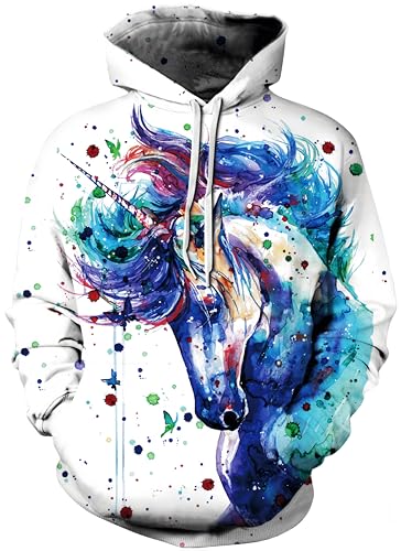 Ocean Plus Herren Kapuzenpullover Lebensecht Grafik Hoodie mit Kängurutasche Pullover mit Kapuze Sweat Hood mit Kordelzug (XXL/3XL (Brustumfang: 126-146CM), Einhorn) von Ocean Plus