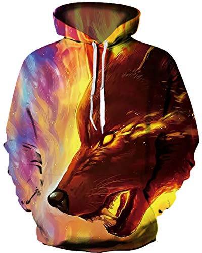 Ocean Plus Herren Kapuzenpullover Lebensecht 3D Grafik Hoodie mit Kängurutasche Pullover mit Kapuze Sweat Hood (XXL/3XL (Brustumfang: 126-146CM), Feuerwolf 2) von Ocean Plus