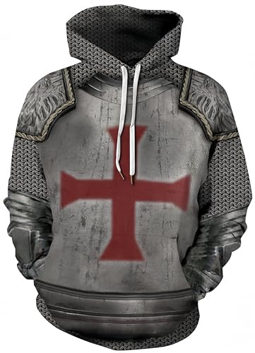Ocean Plus Herren Kapuzenpullover Lebensecht Grafik Hoodie mit Kängurutasche Pullover mit Kapuze Sweat Hood mit Kordelzug (XXL/3XL (Brustumfang: 126-146CM), Kreuz Kettenrüstung) von Ocean Plus