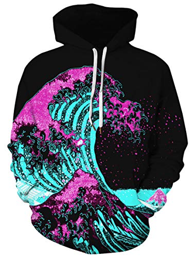 Ocean Plus Herren Kapuzenpullover Lebensecht Grafik Hoodie mit Kängurutasche Pullover mit Kapuze Sweat Hood mit Kordelzug (L/XL (Brustumfang: 114-134CM), Bunte Wellen) von Ocean Plus