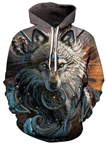 Ocean Plus Herren Kapuzenpullover Lebensecht Grafik Hoodie mit Kängurutasche Pullover mit Kapuze Sweat Hood mit Kordelzug (L/XL (Brustumfang: 114-134CM), Totemwolf) von Ocean Plus