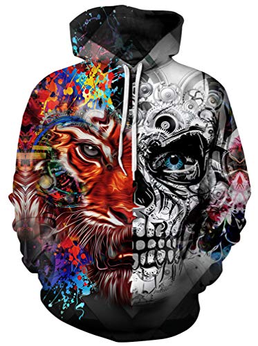 Ocean Plus Herren Kapuzenpullover Lebensecht Grafik Hoodie mit Kängurutasche Pullover mit Kapuze Sweat Hood mit Kordelzug (S/M (Brustumfang: 112-132CM), Tiger Schädel) von Ocean Plus