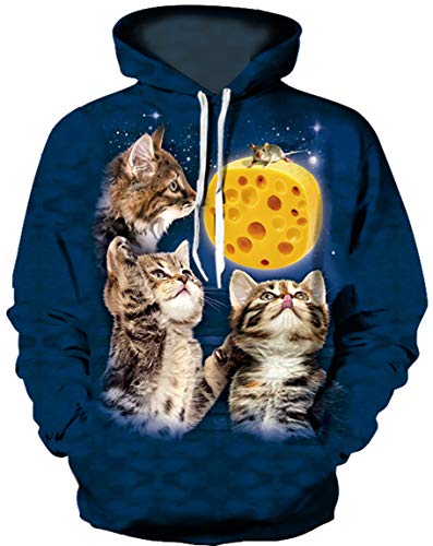 Ocean Plus Herren Kapuzenpullover Lebensecht Grafik Hoodie mit Kängurutasche Pullover mit Kapuze Sweat Hood mit Kordelzug (XXL/3XL (Brustumfang: 126-146CM), Kätzchen und Käse) von Ocean Plus