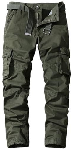 Ocean Plus Herren Lässige Hose Ohne Gürtel Baumwolle Freizeithose Lockere Gerade Beinform Multi-Pocket Cargohose (32 (Geeignet für 60 kg-70 kg), Olivgrün) von Ocean Plus