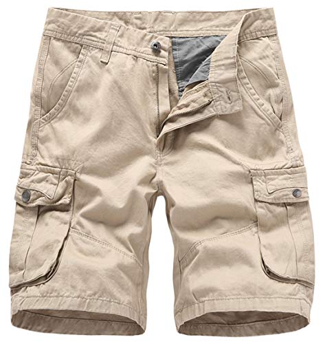 Ocean Plus Herren Sommer Einfarbige Cargo Shorts Baumwolle Multi Taschen Kurze Hose Reißverschluss Regular Fit Sportshorts Mittlere Taille Arbeitsshorts Ohne Gürtel (36W, 2811 Khaki) von Ocean Plus