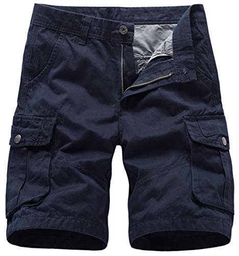 Ocean Plus Herren Sommer Einfarbige Cargo Shorts Baumwolle Multi Taschen Kurze Hose Reißverschluss Regular Fit Sportshorts Mittlere Taille Arbeitsshorts Ohne Gürtel (36W, 2811 Marineblau) von Ocean Plus