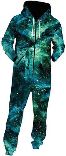 Ocean Plus Herren Sternhimmel Digitadruck Schlafoverall Unisex Casual Hosen Langarm Fleece Reißverschluss Overall (L, Grüner Sternenhimmel) von Ocean Plus