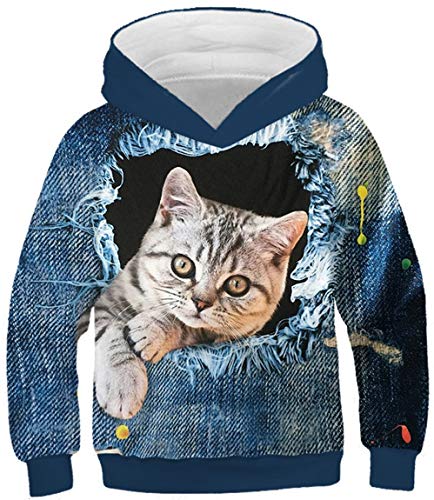 Ocean Plus Junge Tierdruck Kätzchen Sweatshirts mit Kapuze Universum Galaxie Sweatshirts Mädchen Wolf Kapuzenpullover (L (Körpergröße: 145-150cm), Katzenjeansloch) von Ocean Plus