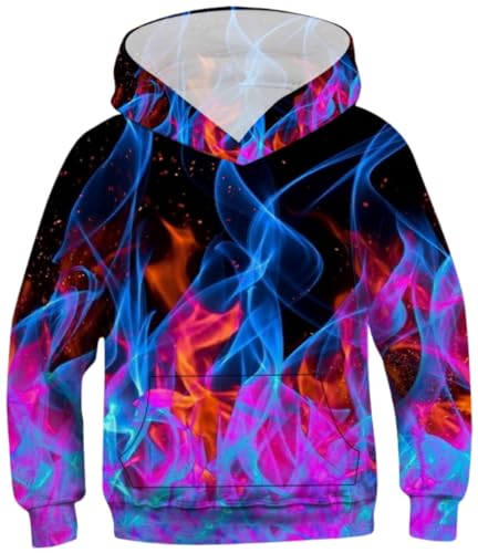 Ocean Plus Junge Tierdruck Kätzchen Sweatshirts mit Kapuze Universum Galaxie Sweatshirts Mädchen Wolf Kapuzenpullover (XS (Körpergröße: 115-120cm), Blau-rosa Flammen) von Ocean Plus