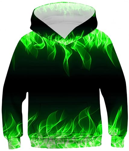 Ocean Plus Junge Tierdruck Kätzchen Sweatshirts mit Kapuze Universum Galaxie Sweatshirts Mädchen Wolf Kapuzenpullover (XS (Körpergröße: 115-120cm), Helle grüne Flammen) von Ocean Plus