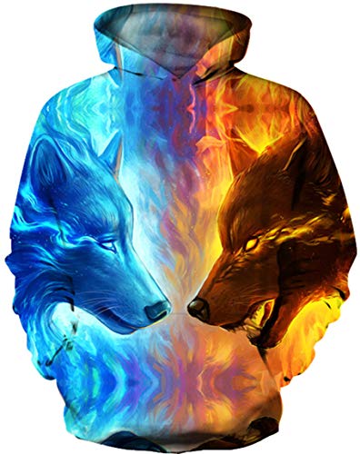 Ocean Plus Jungen 3D Kapuzenpullover Spaß Sweatshirt Hoodie mit Kängurutasche Sportlich Digitaldruck Pullover mit Kapuze (3XL (Körpergröße: 155-165cm), Eisfeuerwolf) von Ocean Plus