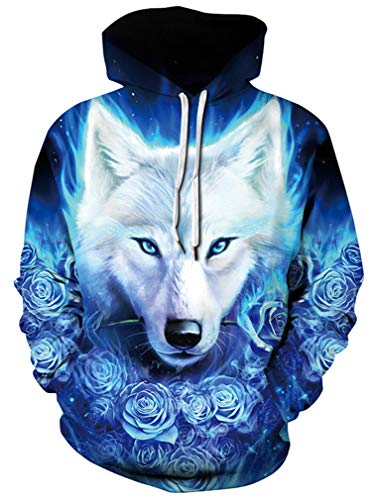 Ocean Plus Jungen 3D Kapuzenpullover Spaß Sweatshirt Hoodie mit Kängurutasche Sportlich Digitaldruck Pullover mit Kapuze (L/XL (Erwachsenengröße: 175-180cm), Blaue Rosen Weiß Wolf) von Ocean Plus