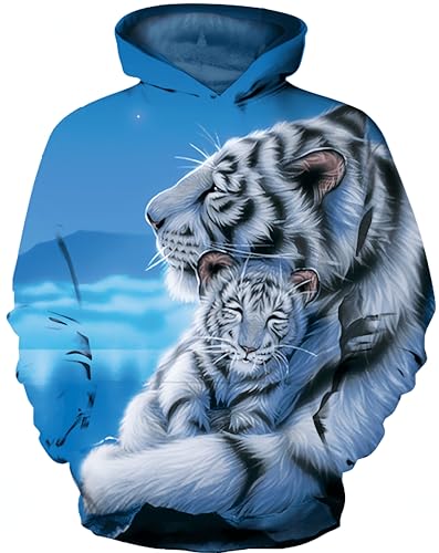 Ocean Plus Jungen 3D Kapuzenpullover Spaß Sweatshirt Hoodie mit Kängurutasche Sportlich Digitaldruck Pullover mit Kapuze (L (Körpergröße: 125-135cm), Weißer Tiger und weißes Tigerbaby) von Ocean Plus