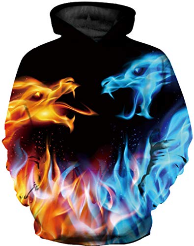 Ocean Plus Jungen 3D Kapuzenpullover Spaß Sweatshirt Hoodie mit Kängurutasche Sportlich Digitaldruck Pullover mit Kapuze (XXL (Körpergröße: 145-155cm), EIS- und Feuer Drachen) von Ocean Plus