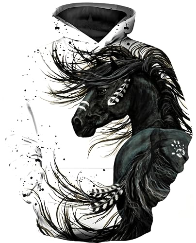 Ocean Plus Jungen 3D Kapuzenpullover Spaß Sweatshirt Hoodie mit Kängurutasche Sportlich Digitaldruck Pullover mit Kapuze (XXL (Körpergröße: 145-155cm), Pferd mit schwarzer Tinte) von Ocean Plus